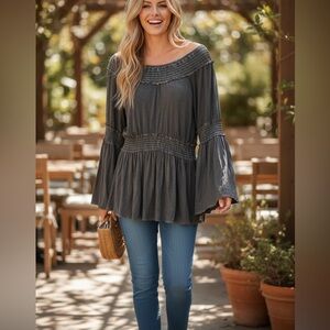 POL | Bohemian Smocked Bell Sleeve Peasant Top In Washed Gray - Renaissance- NWT